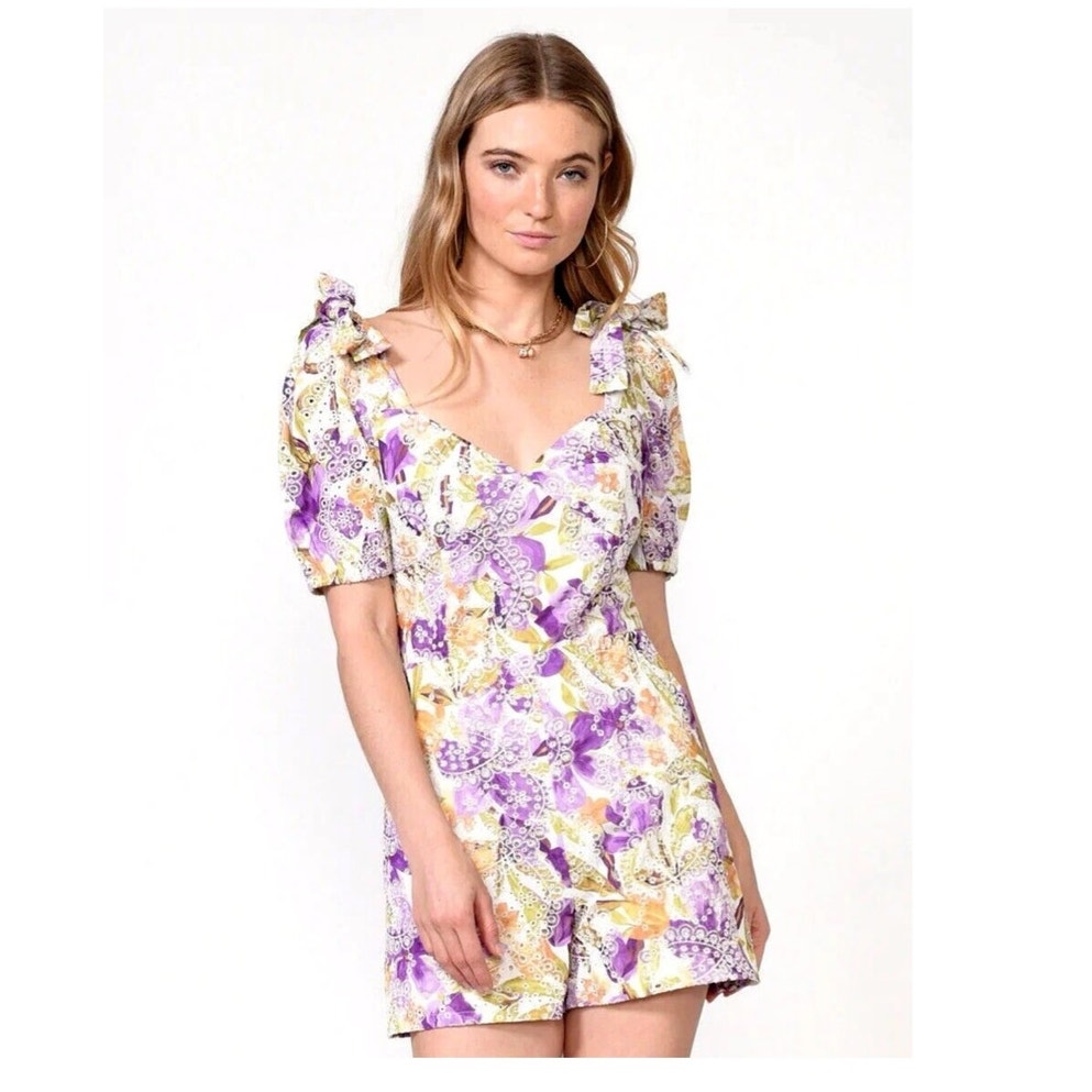 Adelyn Rae Floral Gina Romper Eyelet Size Xl In White, Lilac, Green, And Yellow